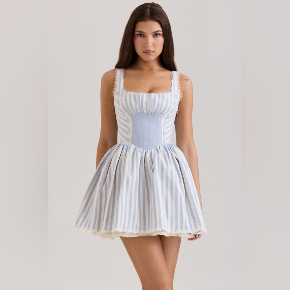 HOUSE OF CB ' Liesl Blue striped pintucked mini Dress NWOT  blue sz XS Tall long - Picture 15 of 16